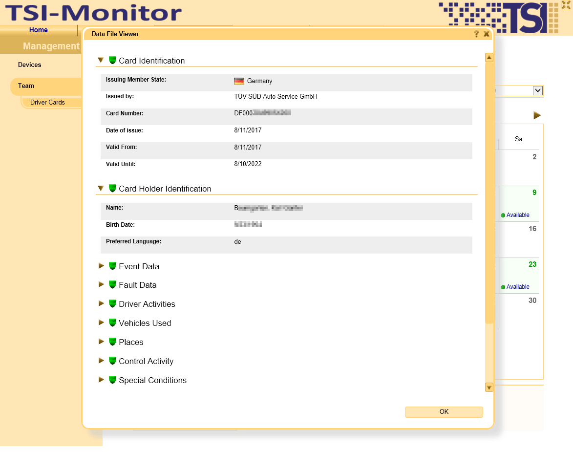 View contents for driver card files